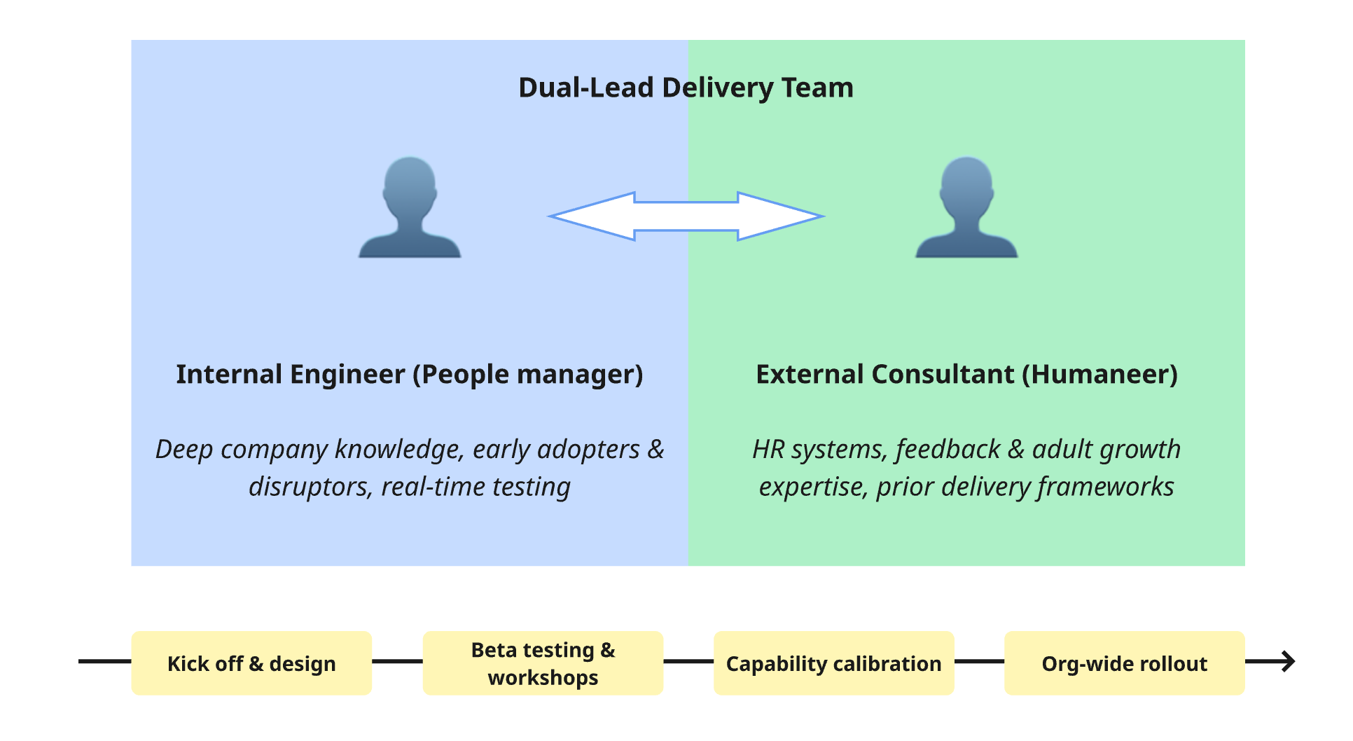Dual-lead delivery model delivered discipline without bureaucracy, leveraging complementary skills to implement a scalable capability framework.